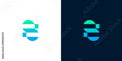 Modern abstract logo design with gradient colors on white and dark backgrounds, representing innovation and technology