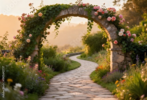 A picturesque garden scene featuring a winding stone path leading through lush greenery and a blooming floral arch at sunset.
