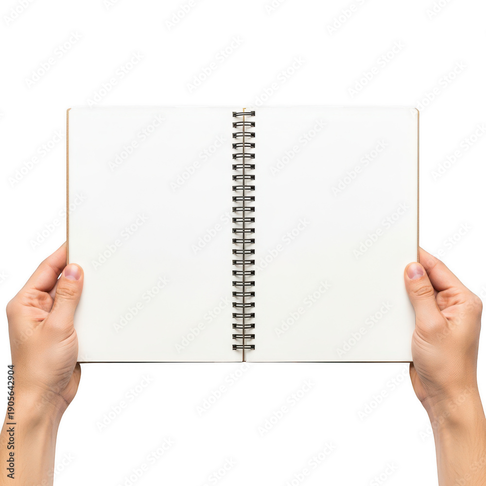 Obraz premium A person holding a blank spiral notebook with both hands against a white background. isolated on transparent background