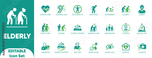 Elderly solid icon set.aging,nursing,healthcare,grandfather,retirement,community,and vector.