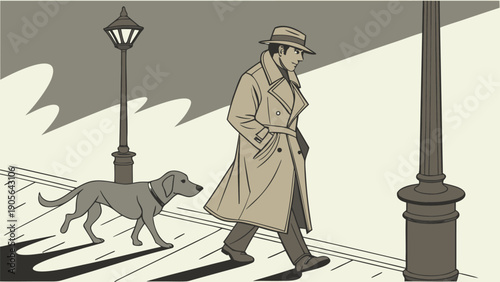 Vintage-style illustration of a man in a trench coat walking with a dog on a sidewalk at night with street lamps