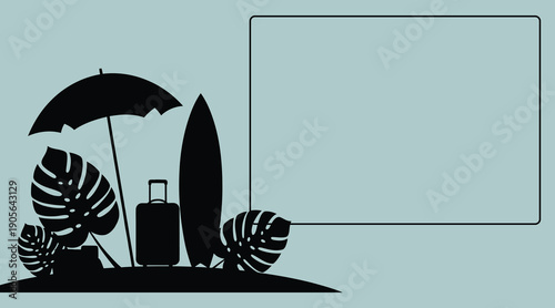 Summer beach vacation silhouette frame with surfboard and tropical leaves.