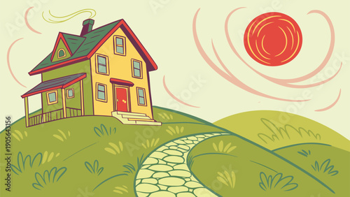 A charming yellow house with a green roof and red door sits on a grassy hill with a winding stone path leading to it under a bright red sun