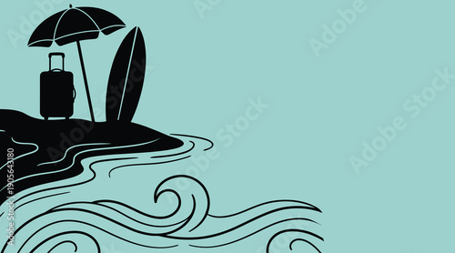 Summer beach vacation silhouette background with suitcase surfboard and umbrella.