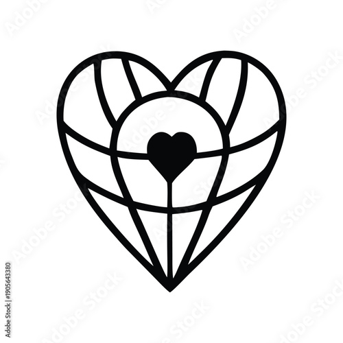 Conceptual black and white geometric heart globe symbol with a smaller heart at its center, representing global love or connection