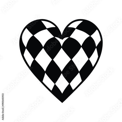 Abstract checkerboard heart graphic featuring a dynamic, warped black and white pattern, creating an optical illusion effect. This modern symbolic design represents love