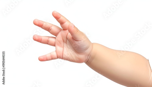 Baby's small hand reaching out with fingers outstretched against a white background