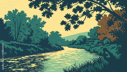 Vintage river landscape with trees and foliage
