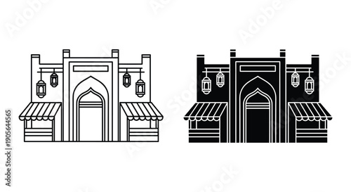 Traditional Middle Eastern market shop line illustration vector set black white minimalist design