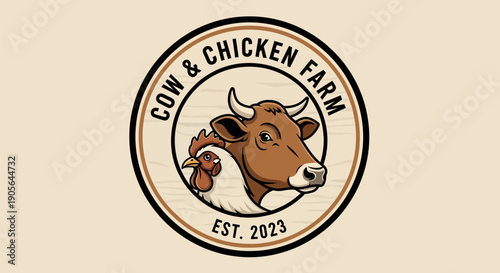 Cow and Chicken Farm Logo with Established 2023 Text.