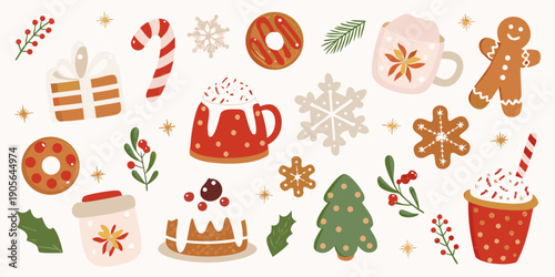 Festive holiday illustrations featuring sweets gifts and winter elements