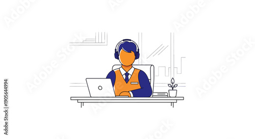 Customer service representative wearing headset working at desk with laptop.