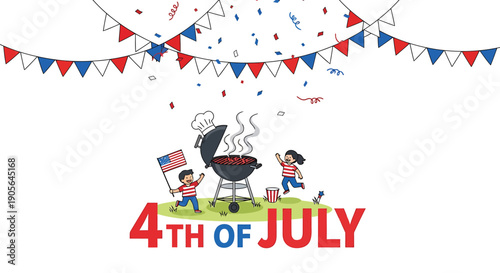 4th of July patriotic banner with barbecue grill and kids, American flag, bunting, for Independence Day celebration or party decoration, Isolated on transparent background, png