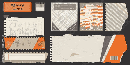 A collection of torn journal pages and a memory keeping scrapbook