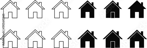 House icon silhouettes set showing outline and solid home symbols for real estate, property and web interface design isolated on white background vector