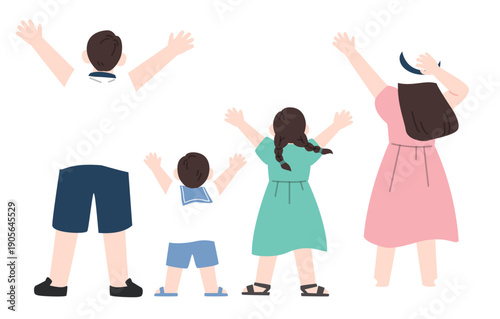 Vector illustration of family members standing with arms up