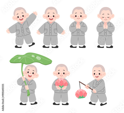 Vector illustration of cute little monk characters in various poses
