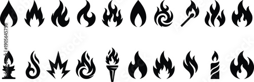 Fire flame icon silhouettes set featuring abstract flames, torch and burning symbols isolated on white background vector collection