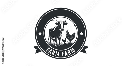 Farm Animals Emblem with Cow and Chickens.
