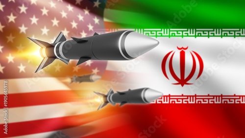 Foto Strategic military tension, missiles flying between United States and Iran flags symbolizing defense confrontation, geopolitical conflict, deterrence policy and international security risks