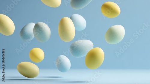 Floating composition of pastel blue and yellow eggs in the air, center is empty for product placement, zero gravity concept