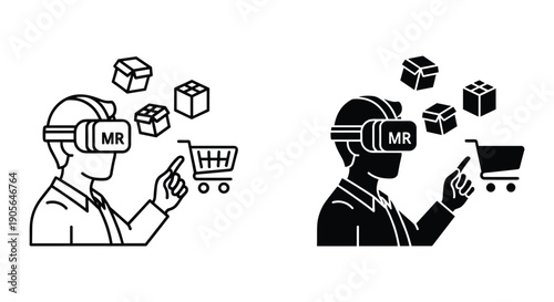 Man wearing VR headset interacting with augmented reality shopping icons and 3D product holograms in futuristic retail technology concept