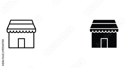 Simple black and white shopfront icons with awnings and doors, minimalist design