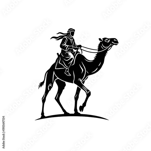 Bedouin Nomad Riding Camel Silhouette – Arabic Desert Caravan Vector Illustration