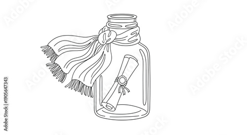 A rolled up message on a piece of paper inside a glass jar with a scarf tied around the neck on a white background symbolizing a secret or a wish