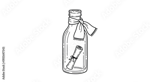 A rolled up message in a clear glass bottle with a tied ribbon around the neck on a plain white background
