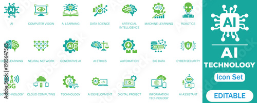 
AI technology vector icon set. featuring artificial intelligence, machine learning, information technology, robotics, cloud computing, and cyber security. Perfect for UI, apps, and digital projects. 