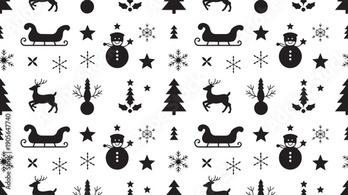 Seamless black and white repeating pattern features small icons of a sleigh, snowman, reindeer, snowflakes, and pine trees for winter wrapping paper.