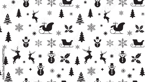 Seamless repeating pattern composed of small black and white festive motifs including reindeer, sleighs, snowflakes, Christmas trees, and snowmen scattered across the background.