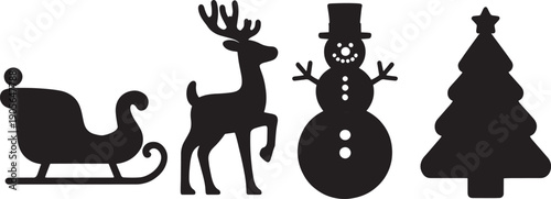 Four distinct black silhouettes show a curved sled, a standing reindeer, a smiling snowman wearing a top hat, and a triangular evergreen tree shape for seasonal use.
