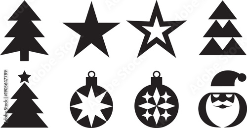 Set of various geometric black shapes representing winter concepts including Christmas trees, stars, and hanging spherical ornaments suitable for festive themes.