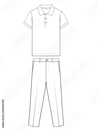 Men Polo Shirt and Trousers pant Technical Flat Template Front and Back View
