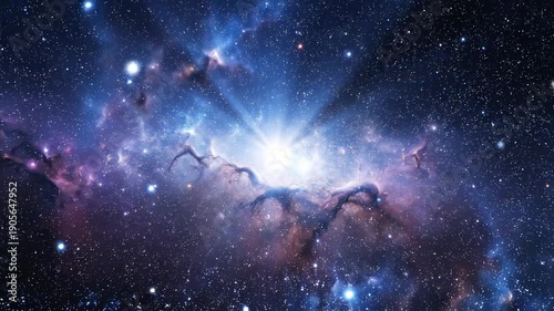 A vibrant cosmic explosion in deep space features a brilliant central star radiating light rays through purple nebulae and glowing particles.