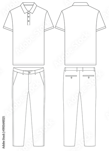 Men Polo Shirt and Trousers pant Technical Flat Template Front and Back View
