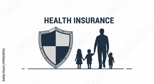 Family with children standing together under health insurance protection symbolized by a shield icon