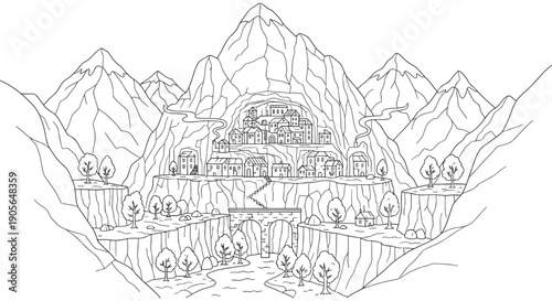 Picturesque Mountain Village Nestled in a Valley with River and Stone Bridge Coloring Page