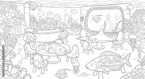 Whimsical Underwater Restaurant Scene with Fish-Shaped Furniture and Coral Reef Coloring Page