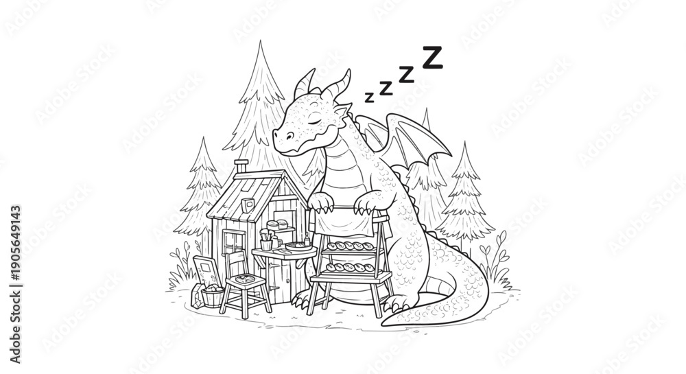 Obraz premium Adorable Sleeping Dragon Guarding a Small Woodland Bakery Coloring Page