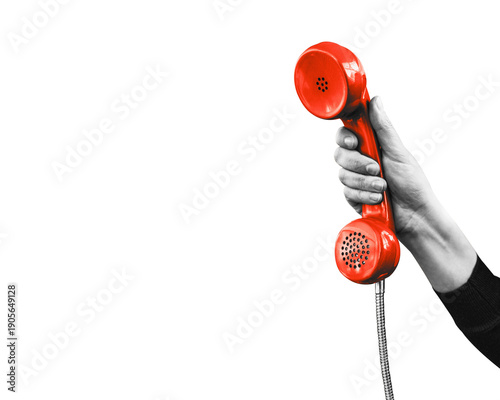 Foto A woman's hand holds a red landline telephone, isolated on free png background