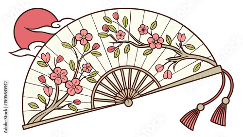 Traditional japanese fan with pink cherry blossoms and tassels on white background