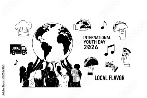 International Youth Day Silhouette. Young Diverse People Holding World Globe. Global Cooperation, Leadership, and Gen Z Community Vector.