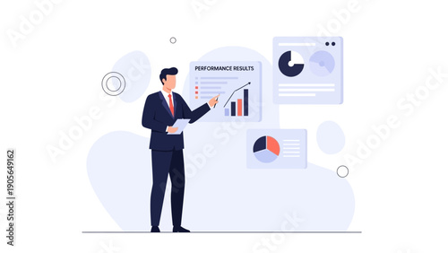 Businessman presenting performance results with charts and graphs illustration