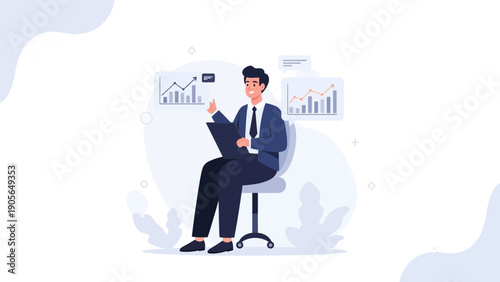 Businessman analyzing financial charts and graphs on a tablet, modern office illustration
