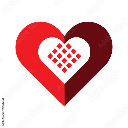 Stylized graphic emblem featuring a dual-toned heart with a white bandage and a pattern of red squares, symbolizing care, healing, health support, and recovery