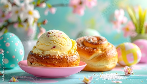 Festive table with sweet rolls, ice cream, Easter eggs, blossoms