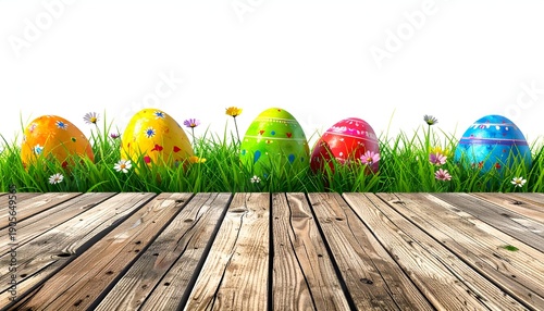 Brightly colored Easter eggs in grass behind a weathered wooden floor